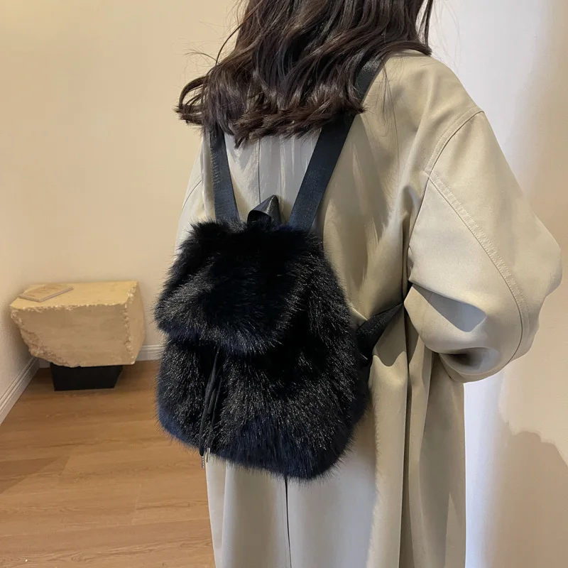 Y2k Plush Backpack Women Small Cute Drawstring Leopard Fluffy Bag Solid Soft Fleece Knapsack Winter Warm Faux Fur Mini Backpack