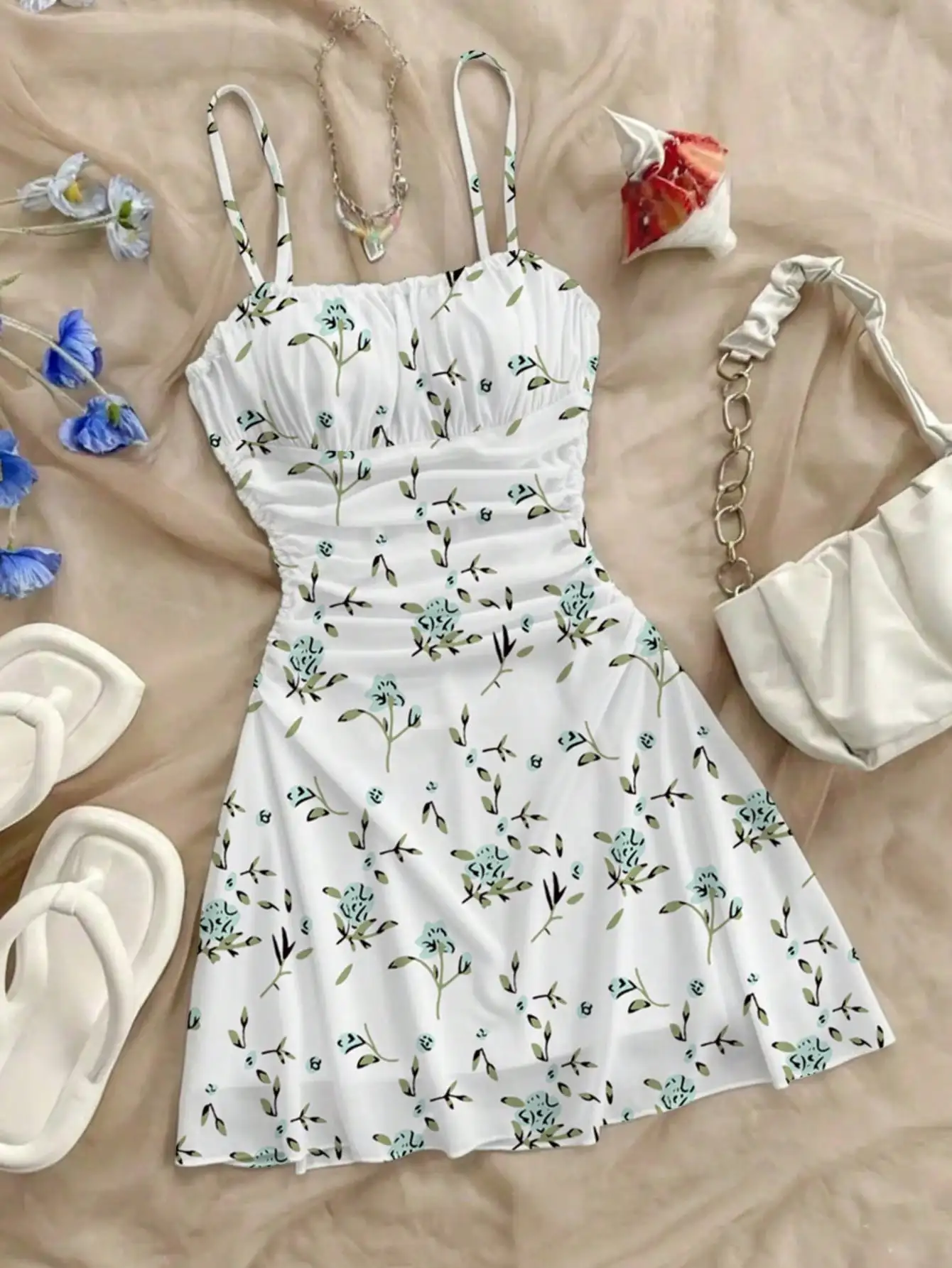 Kids Leaf Print A-Line Skirt Dress Casual Comfortable One Collar Camisole Pleated Waist Mid-Length Skirt for Girls