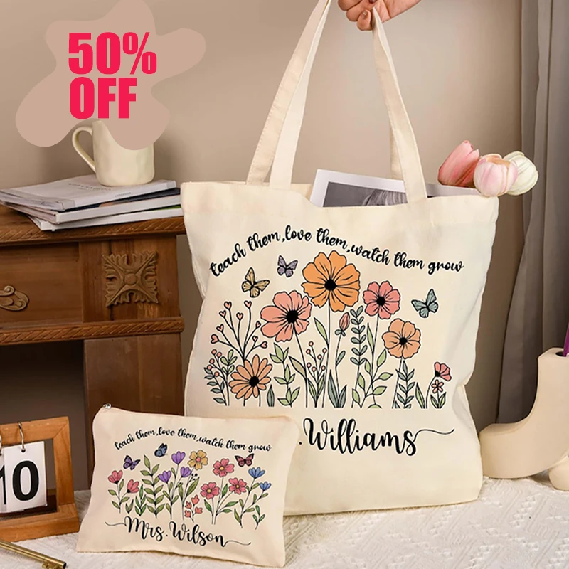 

Flower Teacher Canvas Tote Bag Women Travel Handbag Portable Crossbody Bag Back to School Teacher Life Tote Custom Teacher Gift