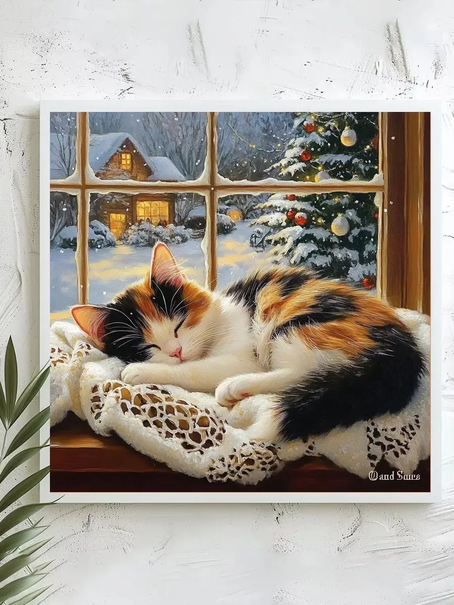 1 Stück 40x40 cm/15,74 Zoll, 11Ct/14Ct Kreuzstich-Set, DIY Valentinstagsgeschenk, Stickerei-Set für Festlichkeiten, Calico-Katze auf der Fensterbank – Detail 1