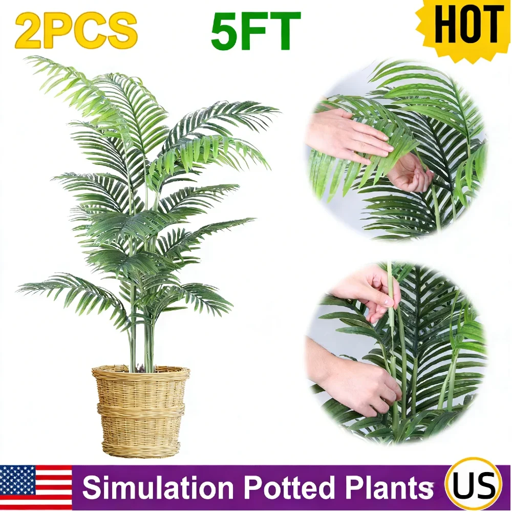 

2PCS 5FT Artificial Areca Palm Plant Realistic Tropical Potted Tree Adjustable Branches Low Maintenance for Indoor Outdoor Home