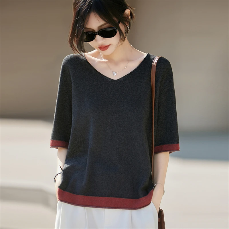 Women's Fashion Half Sleeve Knitted V-neck Thin Loose Summer Color blocked T-shirt Breathable and Comfortable Top