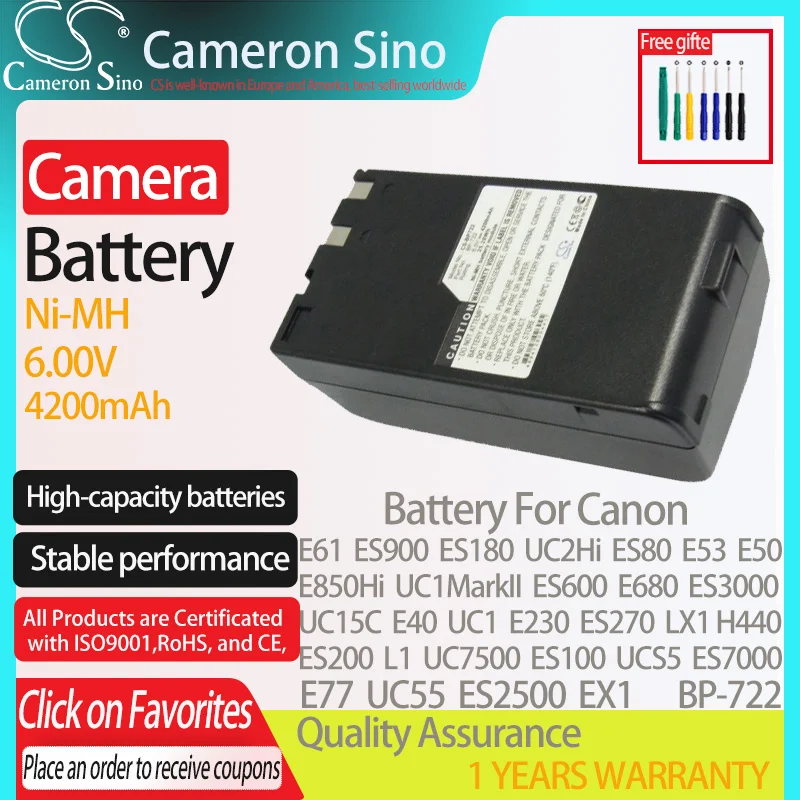 CameronSino Battery for Canon E61 ES900 ES180 UC2Hi E53 ES80 UC1MarkII ES600 UC15C L1 LX1 H440 fits Canon BP-722 camera battery