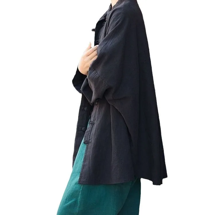 Women's Summer Dresses 2026 Loose Fit Boho Cardigan Dress with Mandarin Collar Crinkle Cotton Ethnic 3D Pattern Regular Length
