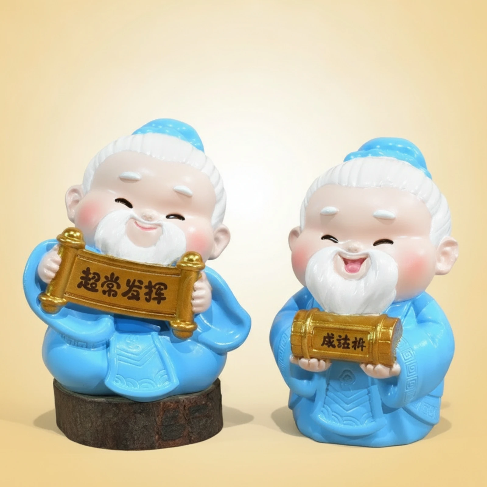 2 figurines d'érudits anciens avec robes bleues, statues d'érudits brillantes avec accessoires dorés, objets de collection pour étudiants, bureau