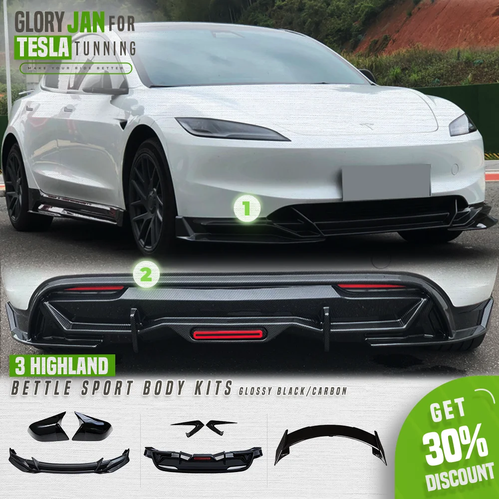 Beetle Body Kits For Tesla Model 3 Highland 2024 Bumper Lip Rear Diffuser Side Skirt Spoiler Glossy Carbon Tesla Tuning Parts