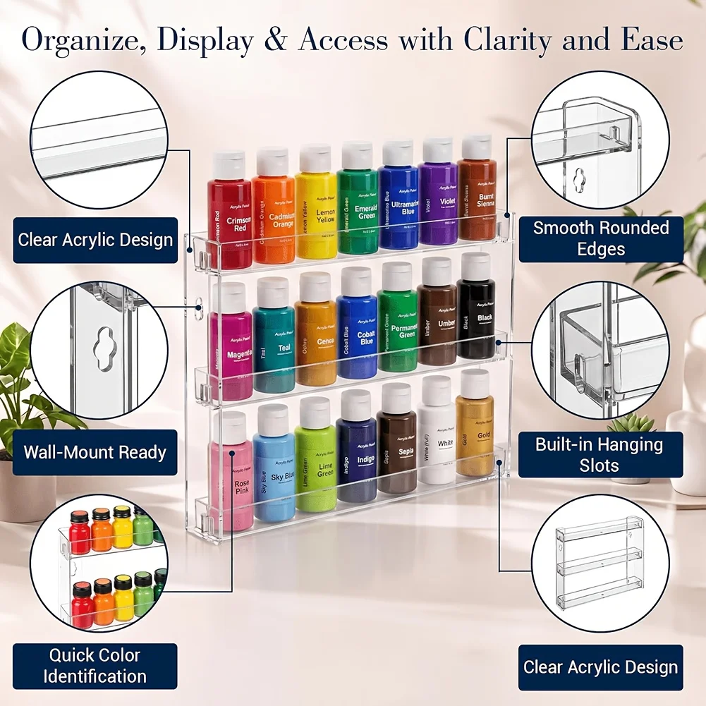 3‑Layer Acrylic Nail Polish Rack with Scissors, Holds 120 Bottles, Wall Desktop Storage for Nail Polish and Craft Paint Supplies