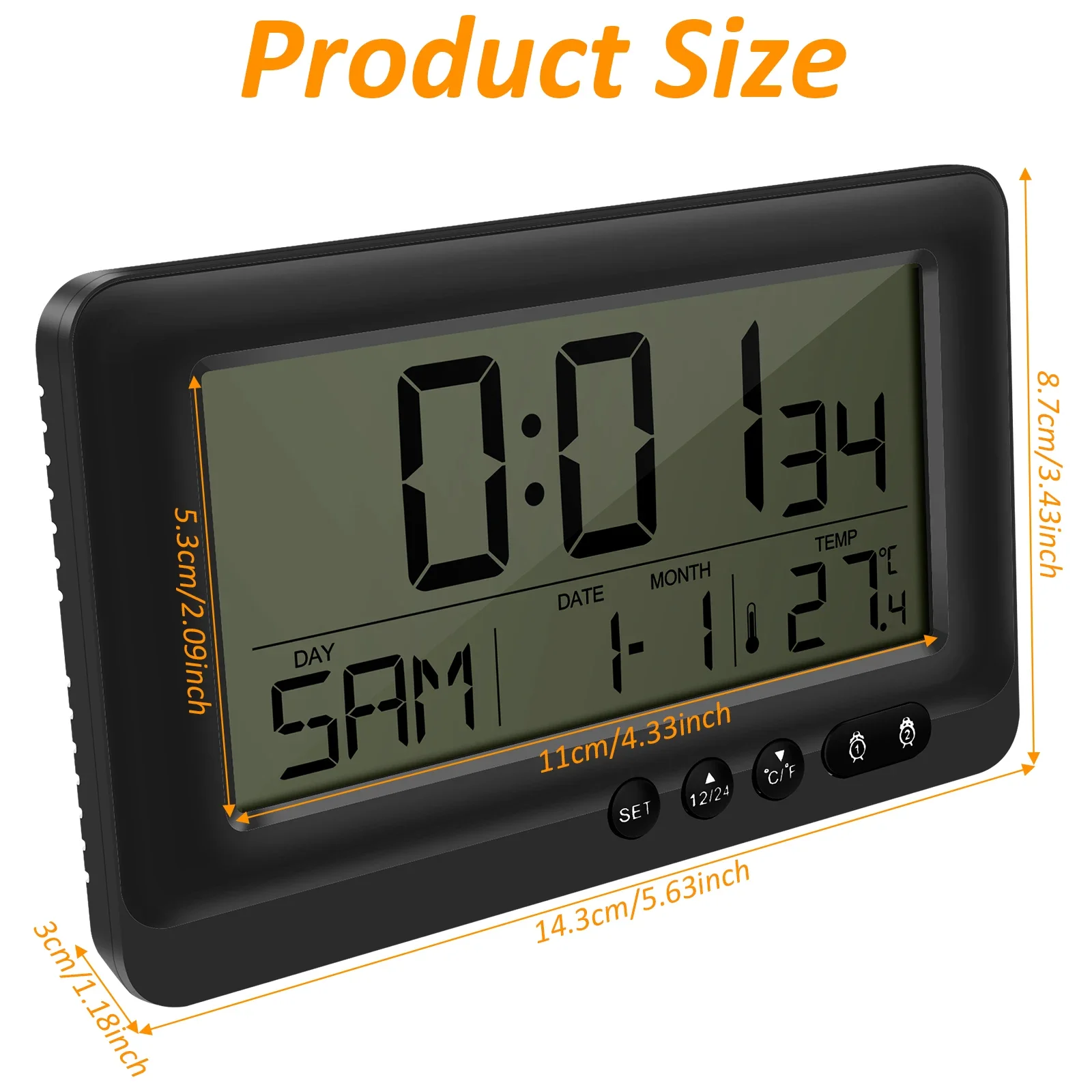 Battery Powered LCD Digital Wall Clock Temperature Date Week Display Night Mode Table Alarm Clock 12/24H Electronic LED Clock