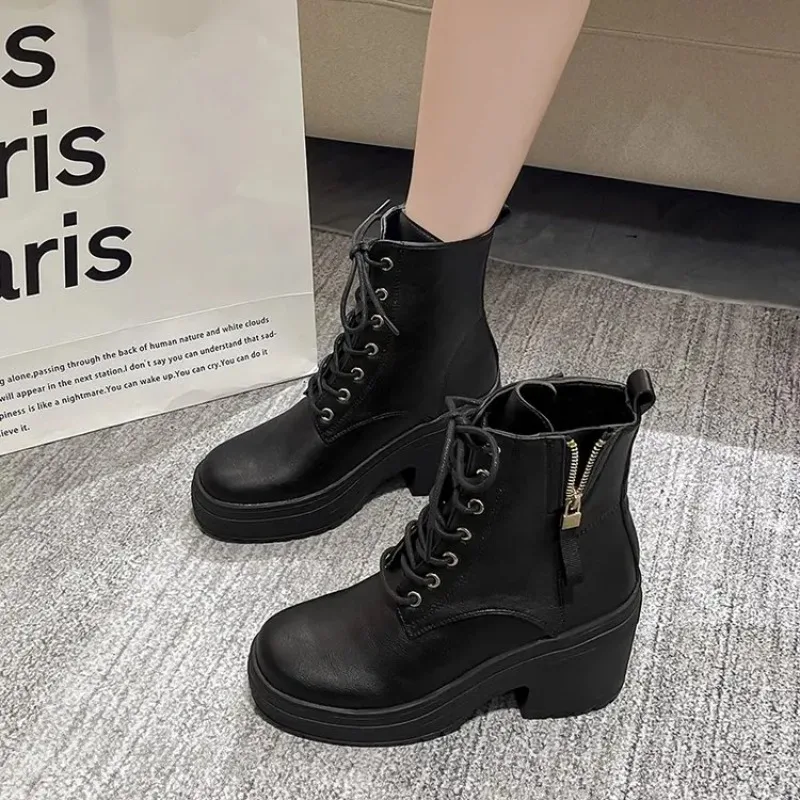 

2025 Winter Plus Size Shoes for Women Side Zip Women's Ankle Boots Platform Square Heel Ladies Boots Lace-up Shoes Female