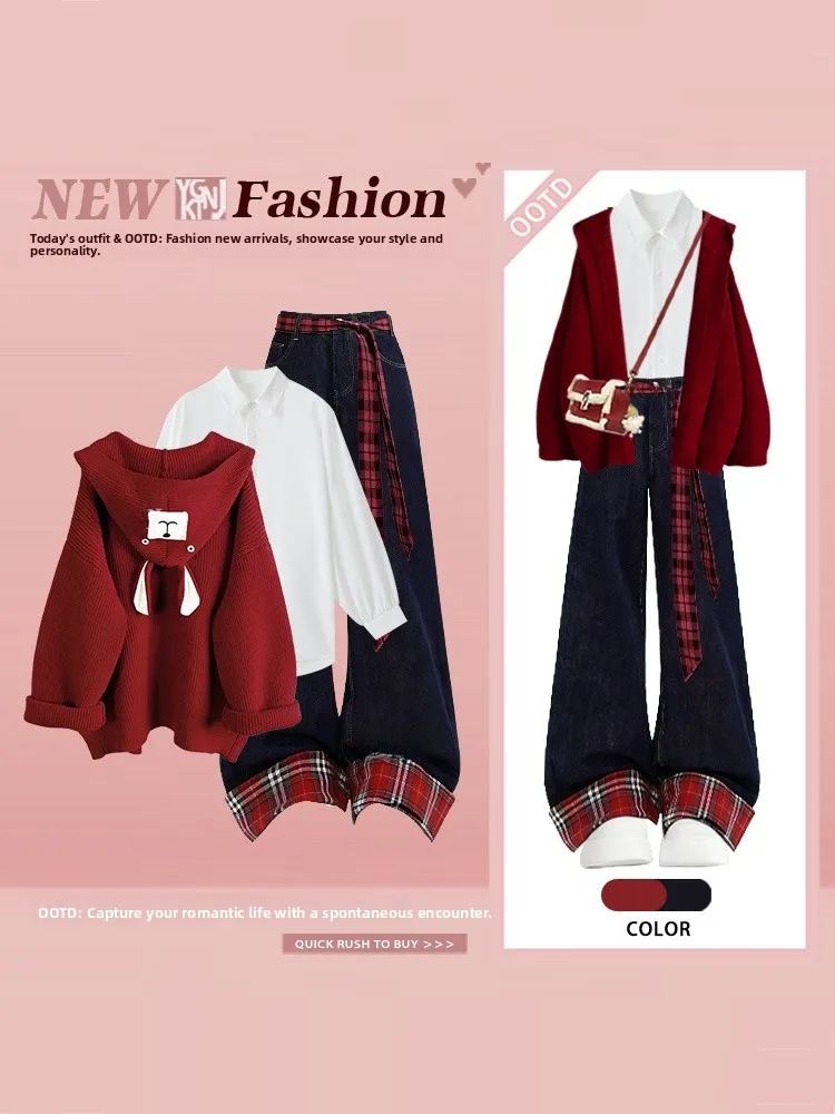 Cardigan con cappuccio lavorato a maglia rosso Set di jeans a gamba larga scozzese Design invernale da donna Bellissimo set da studente abbinato