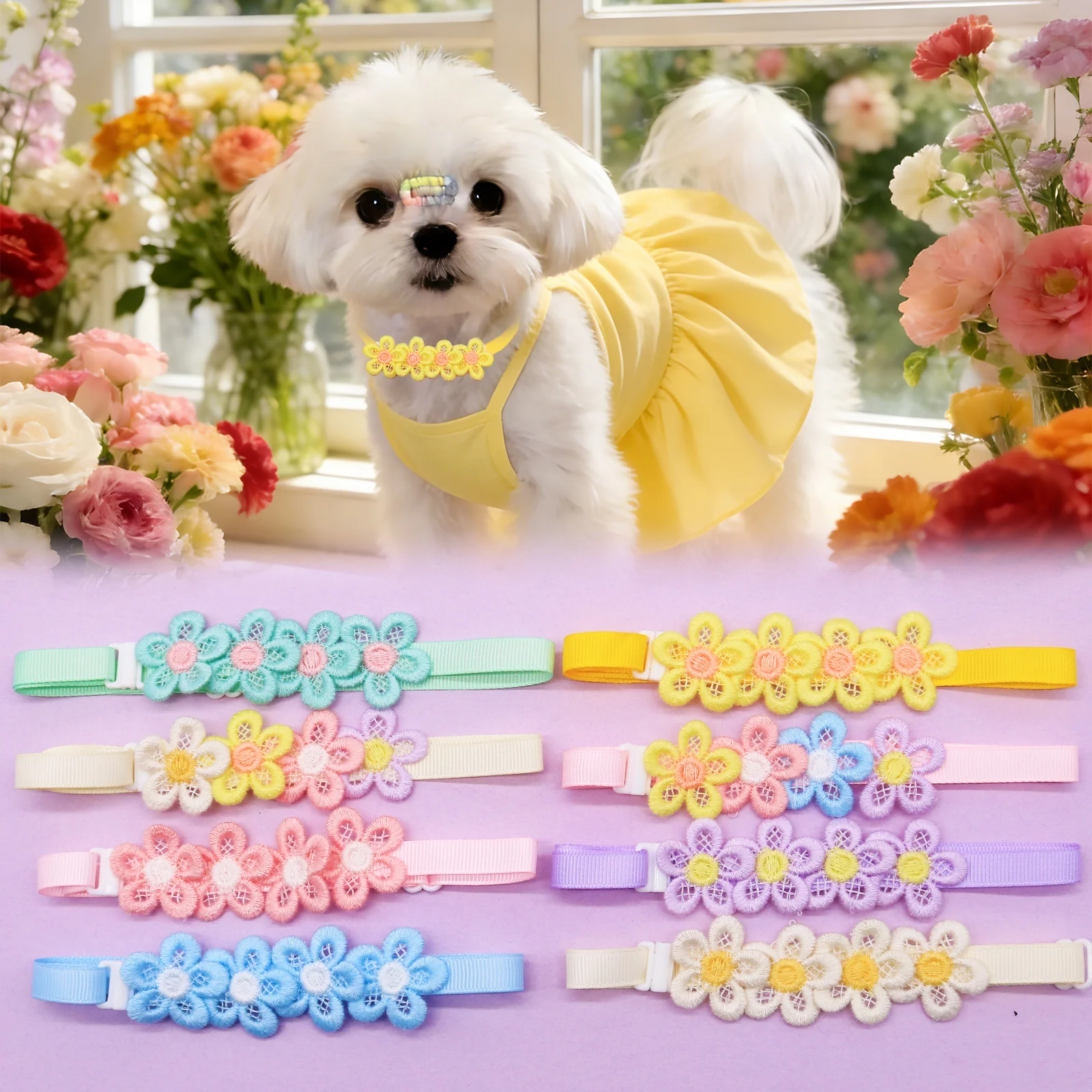 50PCS Colares Fofos para Cães em Formato de Flor, Laços Coloridos para Cães, Colares para Gatos, Produtos para Animais de Estimação
