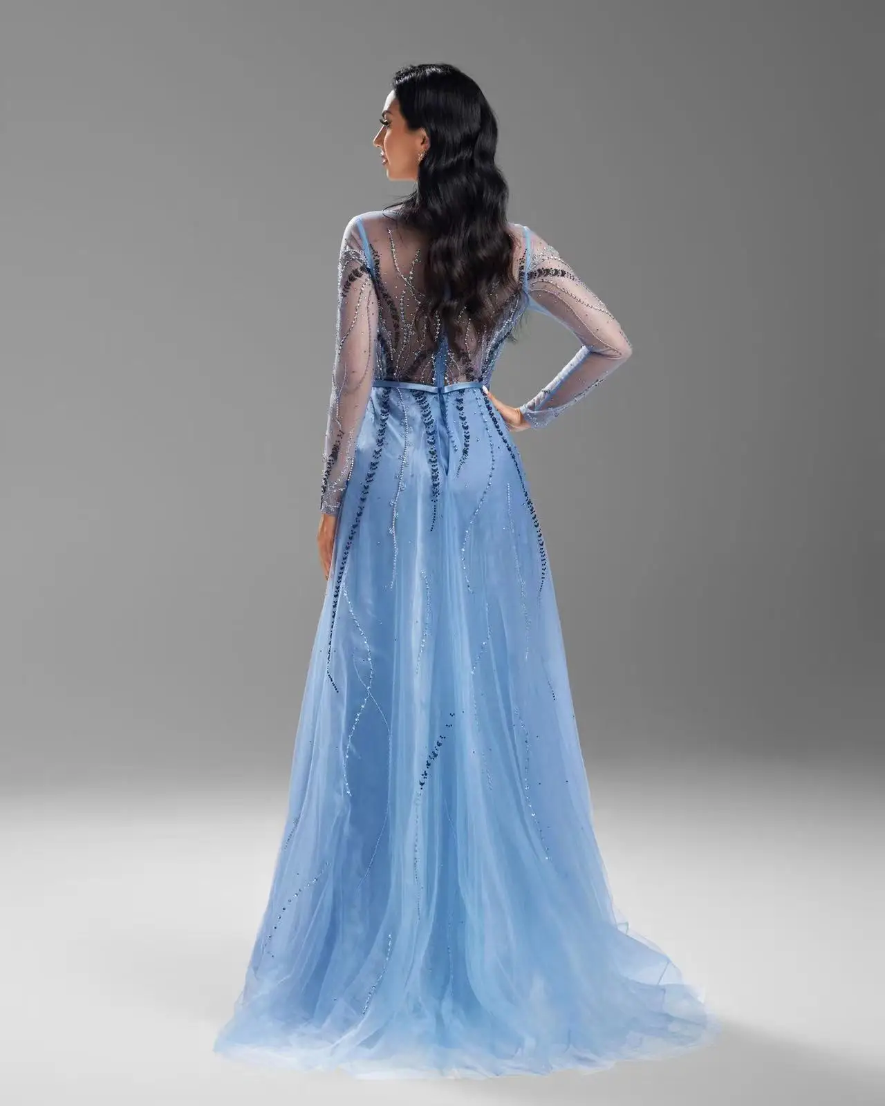 شاليمار تشانغ الأزرق الفاخرة فساتين طويلة الأكمام أزياء السيدات حزب مخصص