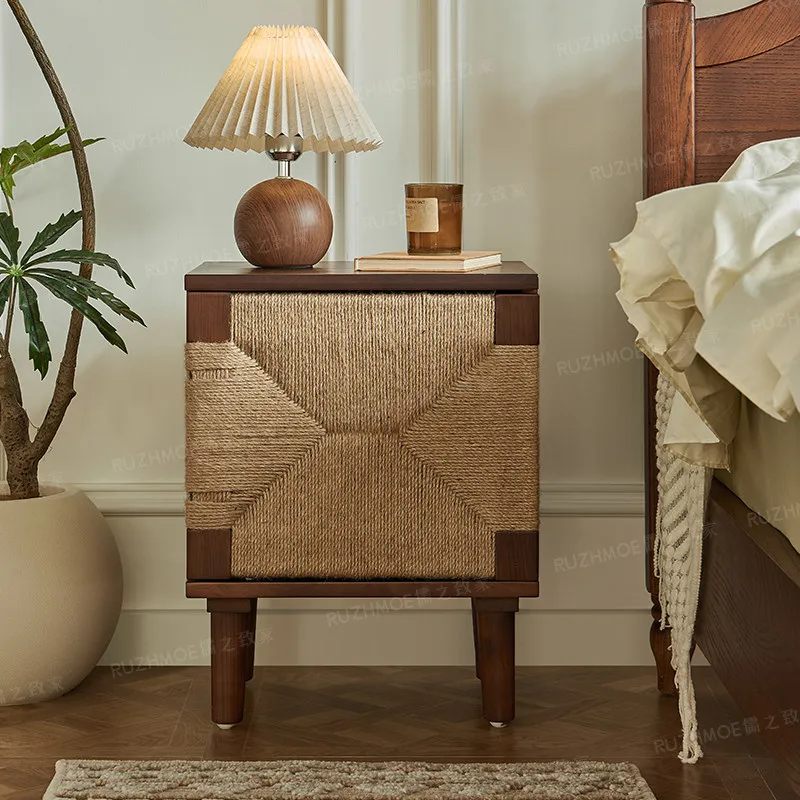 CX retro solid wood bedside table hand-woven small apartment locker