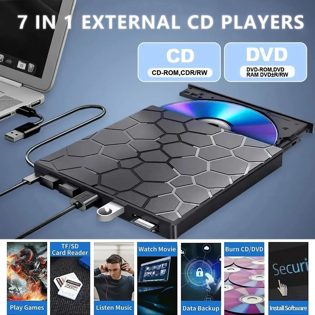 7in1 USB 3.0 Type-C 外付けDVD RW CDプレーヤー 光学ドライブ DVDバーナーレコーダー リーダー ディスクドライブ ノートパソコン デスクトップ ノートブック用