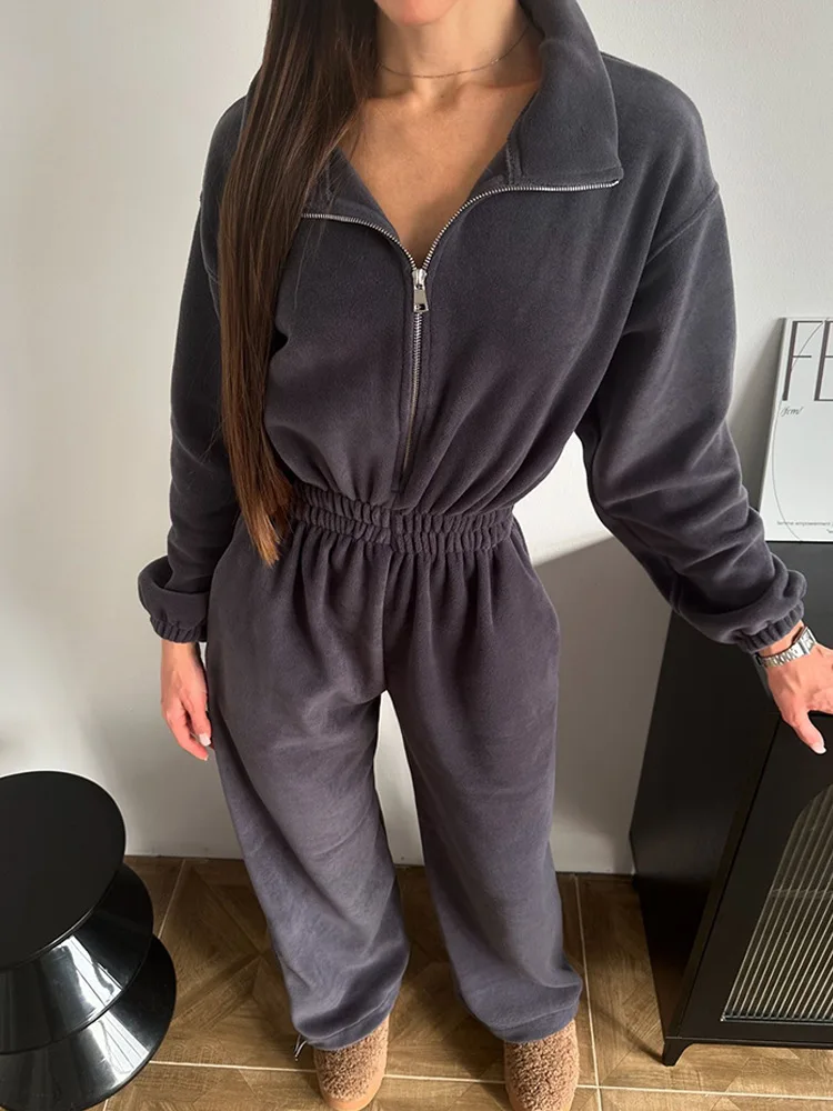 Casual Sports Jumpsuit For Women Lapel Zipper Long Sleeve Elastic Waist Sports Suit For Women 2025 Autumn Women Loose Jumpsuit