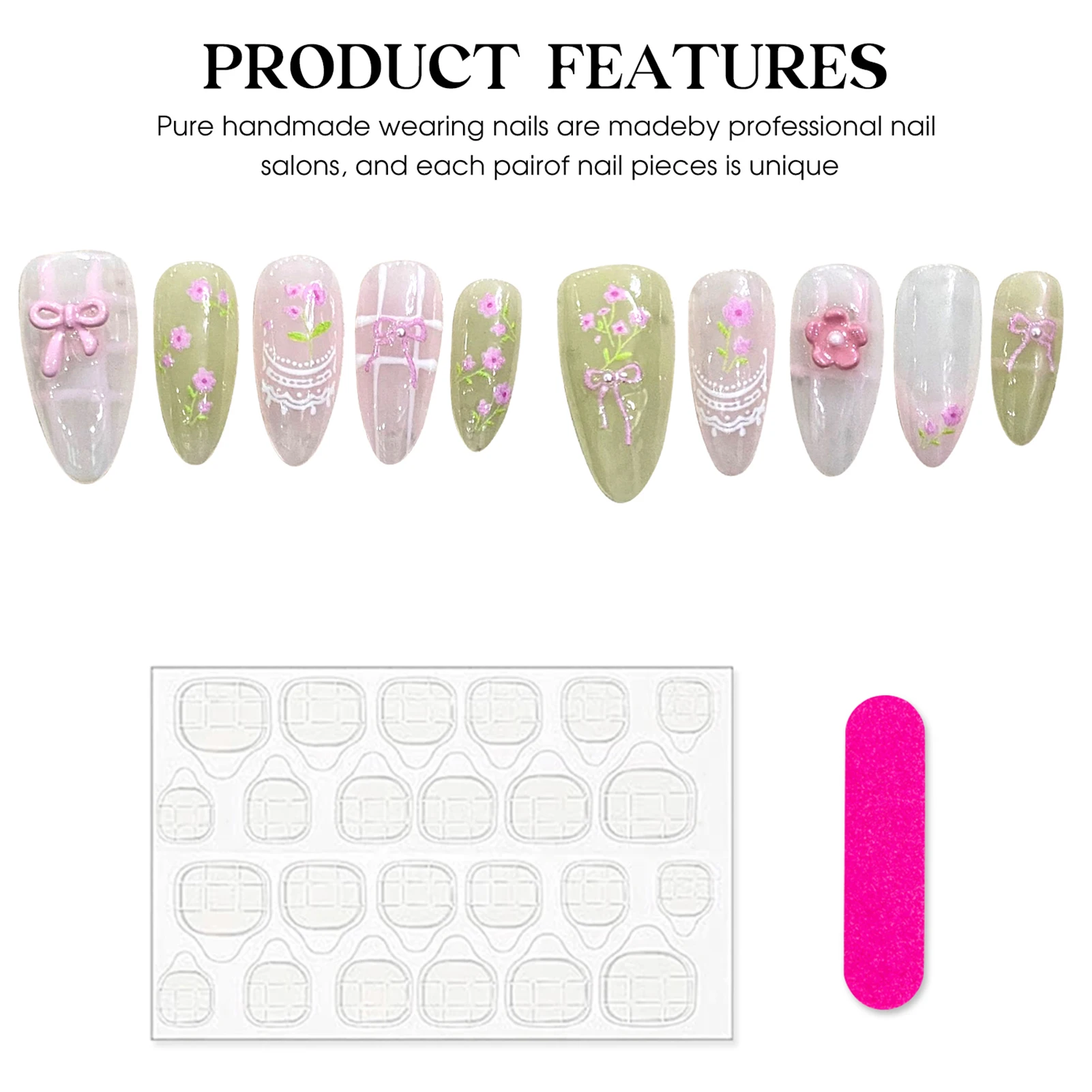 Faux-ongles 3D en amande verte brillante, 10 pièces, à presser à la main, motifs de fleurs, nœud papillon, manucure de printemps, couverture complète, nail art