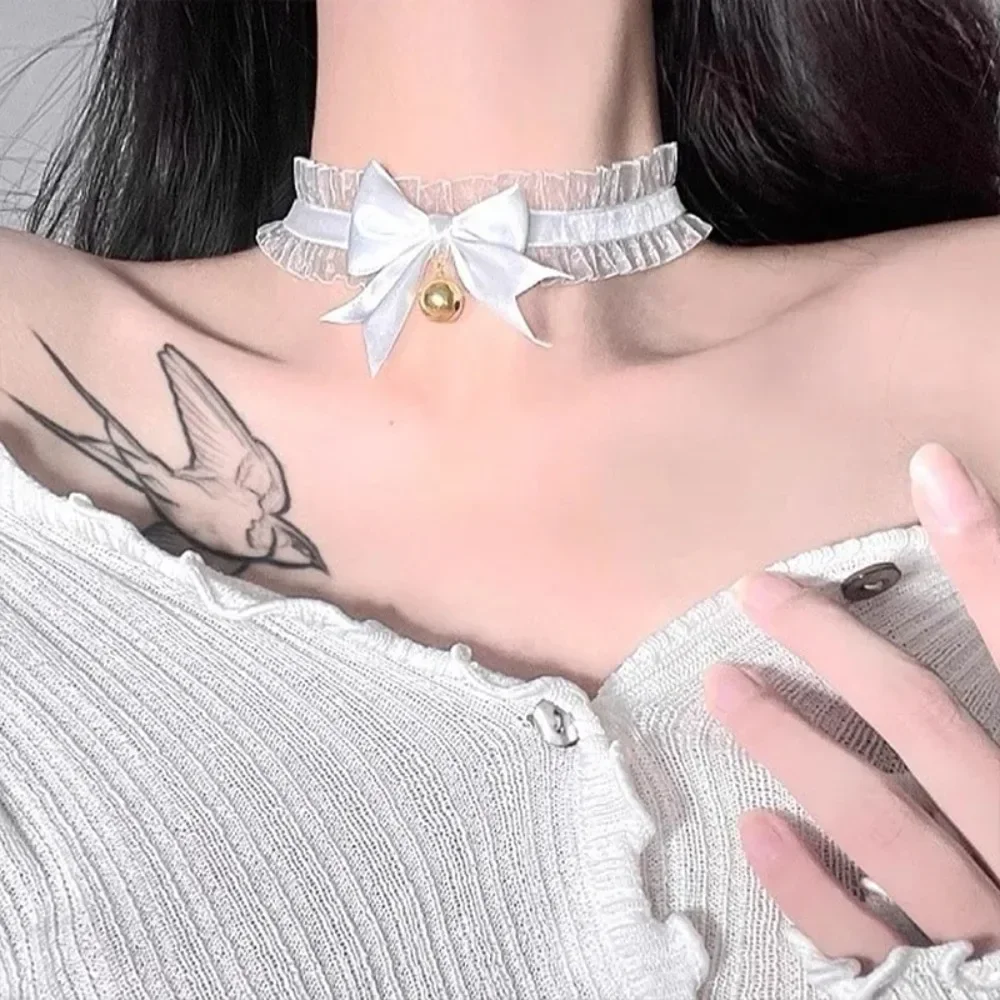 Fashion Choker White Black Pink Lace Ribbon Bow Bell Necklace for Women Gothic Vintage Lolita Collar Choker Butterfly Necklaces
