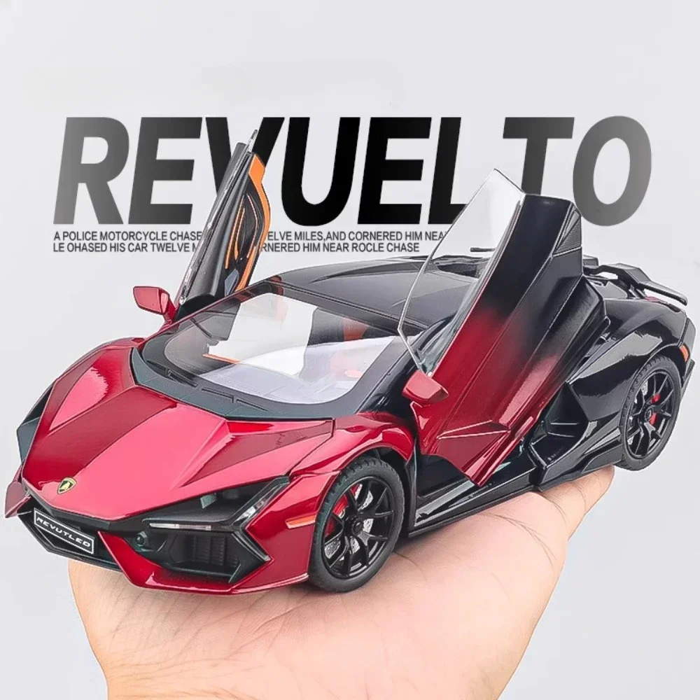 

Масштабная модель спортивного автомобиля Lambor Revuelto Veneno 1:24, игрушка со светом, музыкой, амортизацией, открывающимися дверями, суперкар, подарок для детей