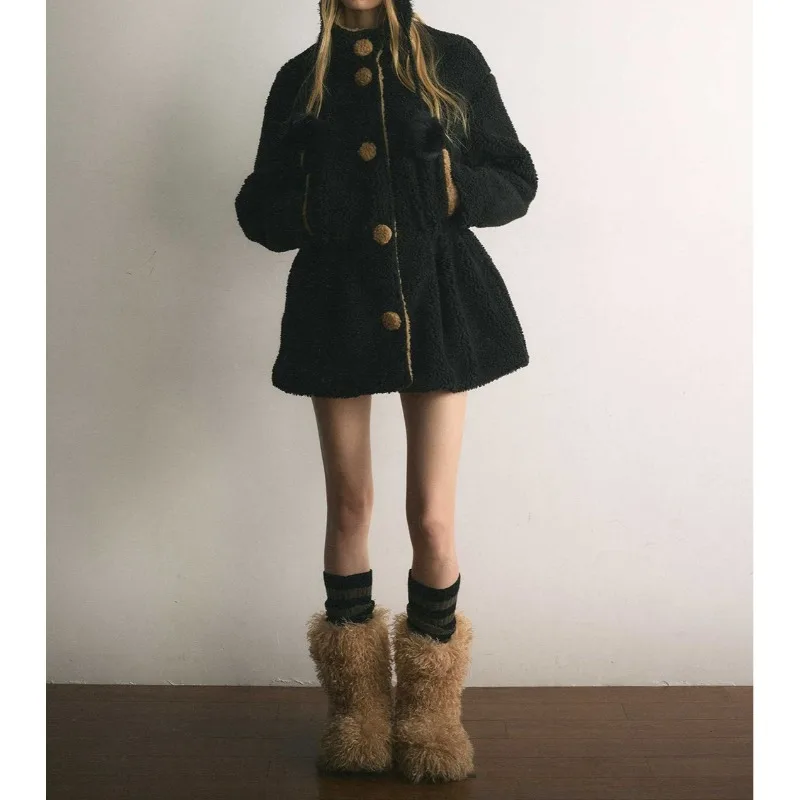 

Retro Cute Plush Waist Stand-up Collar Cotton Jacket Women's 2025 Winter Casual Coat