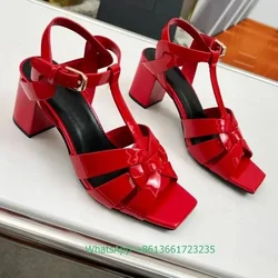 Cross Straps Square Toe Chunky Heel Sandals Solid Color Open Toe Real Patent Leather 6.5Cm Heels 2026 Newest Summer Sandals