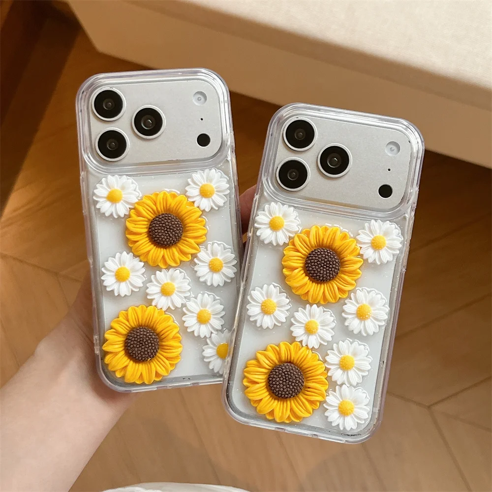Cottagecore Summer 3D Sunflower Daisy Epoxy Phone Case for 17 Pro Max Floral Slim Clear TPU Protective Cover for iPhone 16 15 14