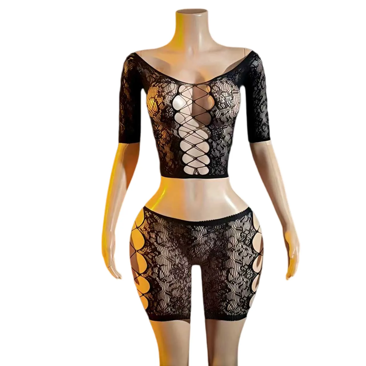 

Sexy Open Crotch Transparent Sexy Mesh Uniform Sexy Sets Pure Desire Casual Style For Woman Hollow Out Sexy Sets Charming SNJB