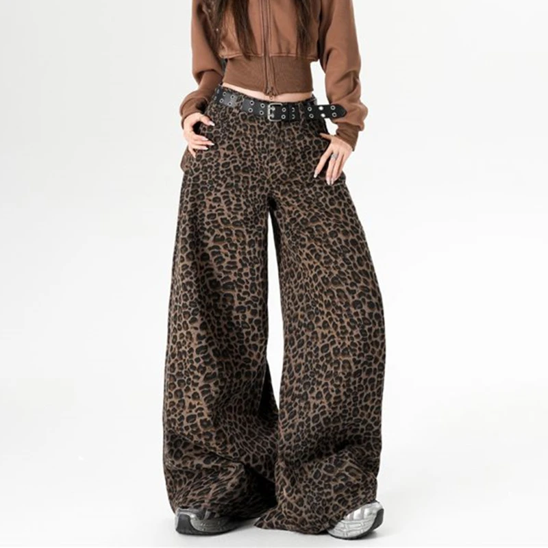 FINEWORDS Y2K Aesthetic Vintage Leopard Print Jeans for Women High Waist Loose Fit Wide Leg Cargo Trousers  Streetwear Casual De