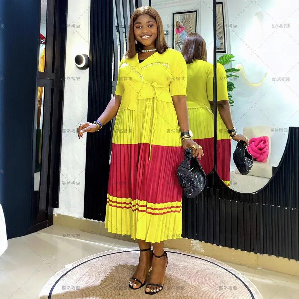 

Plus Size Women's Dress Long Dress Light Luxury High-end Feel Three-dimensional Pleated Contrast Color Stitching Fake Two-piece