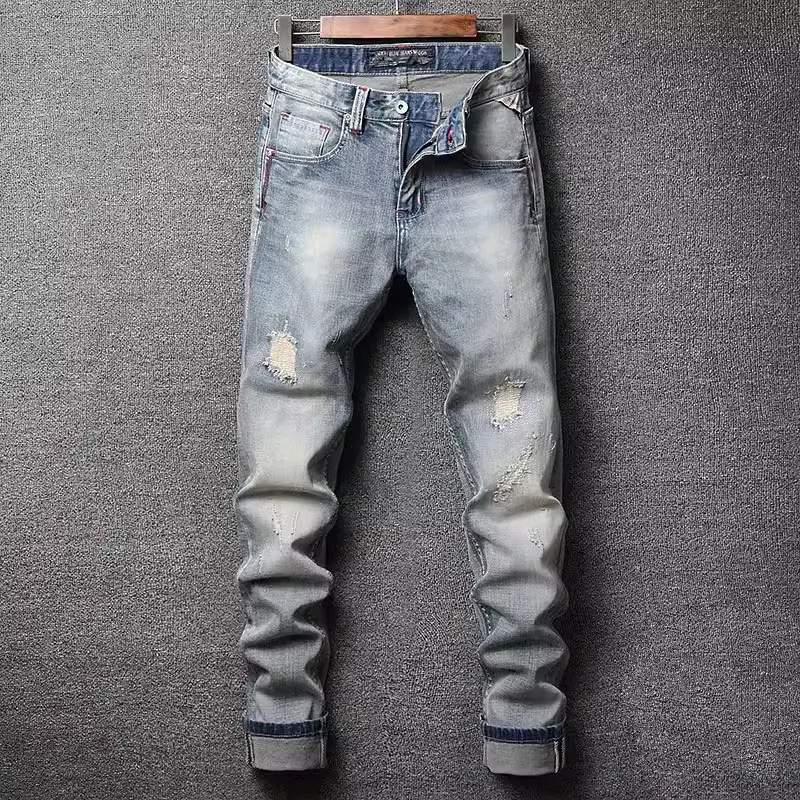 

Street Fashion Men Jeans High Quality Retro Light Blue Stretch Slim Fit Ripped Jeans Men Patched Designer Vintage Denim Pants