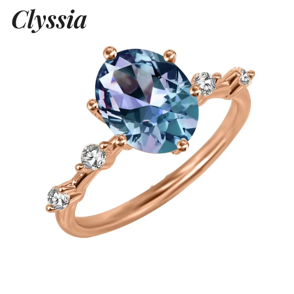 

CLYSSIA Sterling Silver 925 Color Change Gemstone Jewelry Vintage Oval Cut Alexandrite Engagement Ring for Women Jewellery
