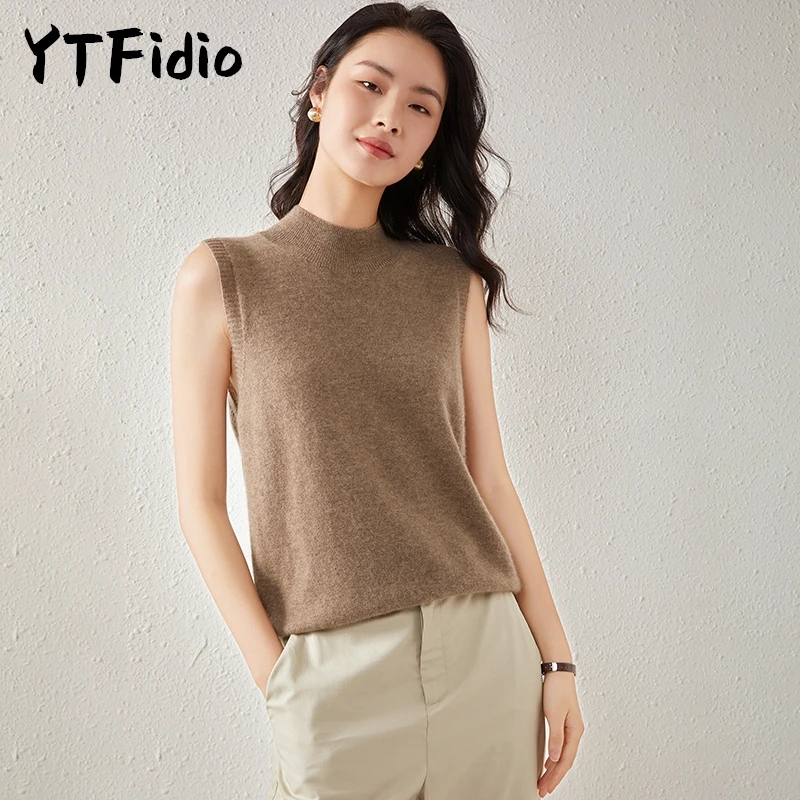 

YTFidio Cashmere Wool Women Bottom High Neck Vest Mock Collar Casual Warm Knitted Vest Tops Office Lady Solid Turtleneck Tank 62