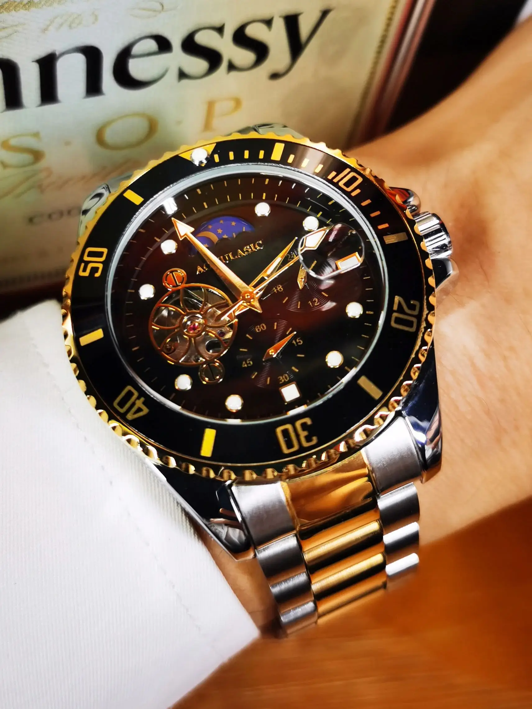 Tourbillon Moon Phase Skeleton Mechanical Watches Rotating Bezel Luminous Dial Luxury Automatic Mens Watch Stainless Steel Strap