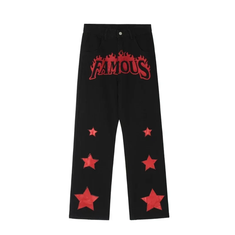 High Street Black Jeans Men Letter Flame Embroidery Fashion Straight Wide Leg Pants Men Baggy Jeans Patch Design Trousers Men