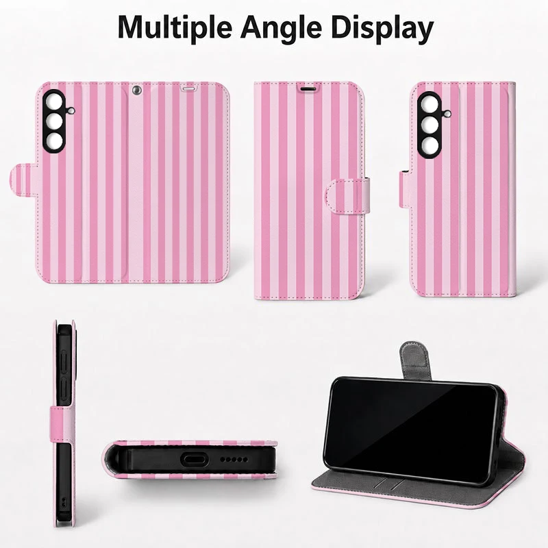 Pink Vertical Stripe Pattern 2D Flip Cover Artificial Leather Phone Case for Samsung S26 S25 S24 S23 S22 A55 with Foldable Stand