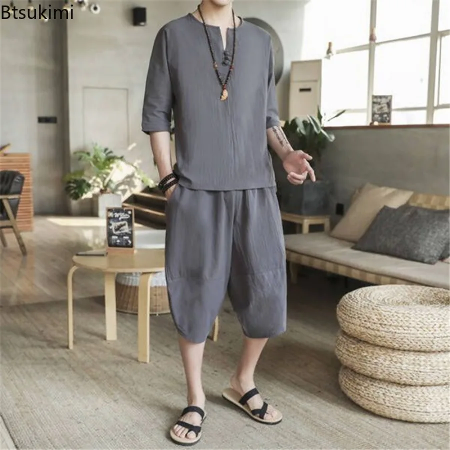 2024 Summer Men's Cotton and Linen Sets Chinese Style Fashion Two Piece Sets Men Loose Capris Casual Tang Suit Large Size M-5XL