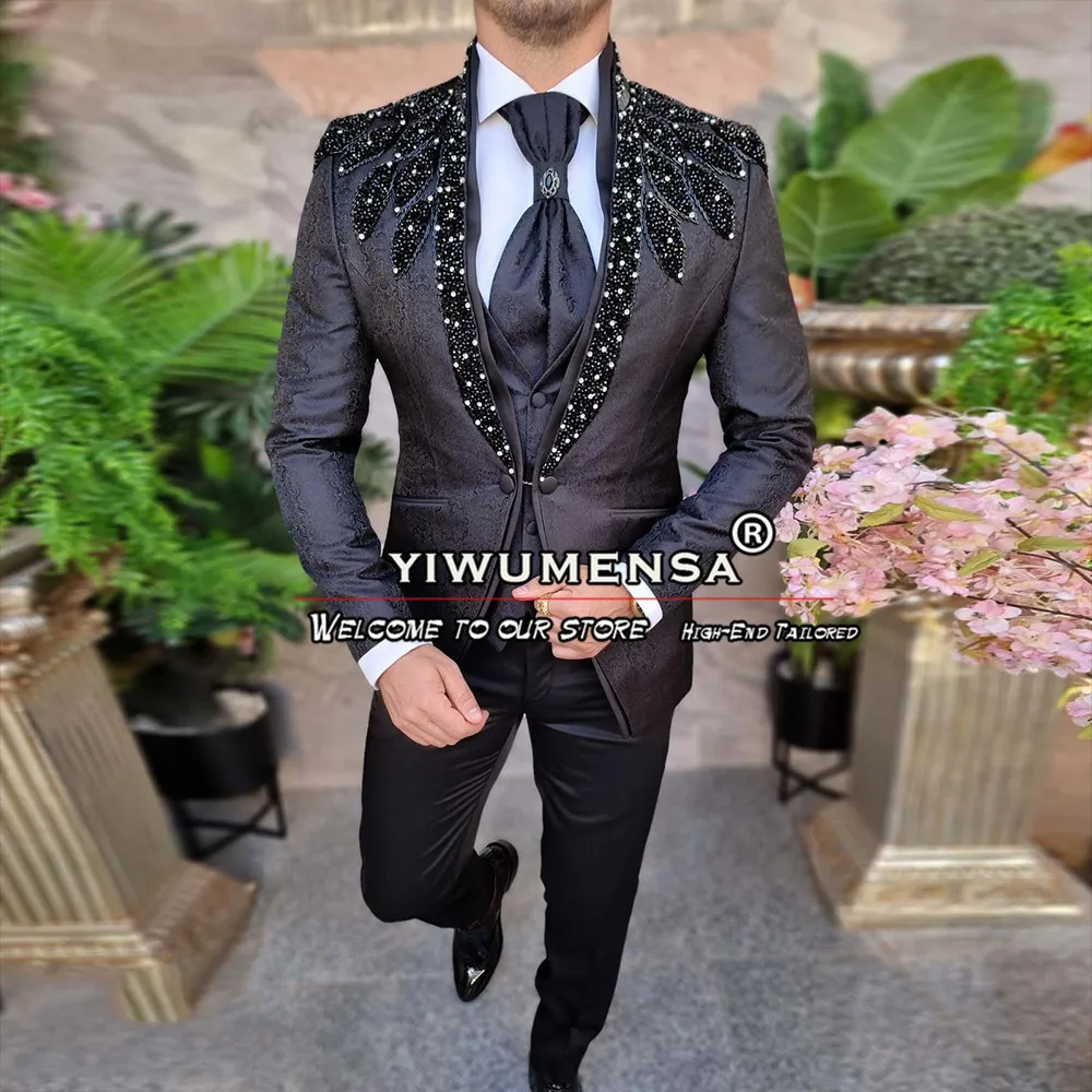 

Luxury Men's 3 Pieces Suits For Wedding Slim Fit Black Crystals Beading Jacket Vest Pants Male Fashion Groom Tuxedos Tailor Made