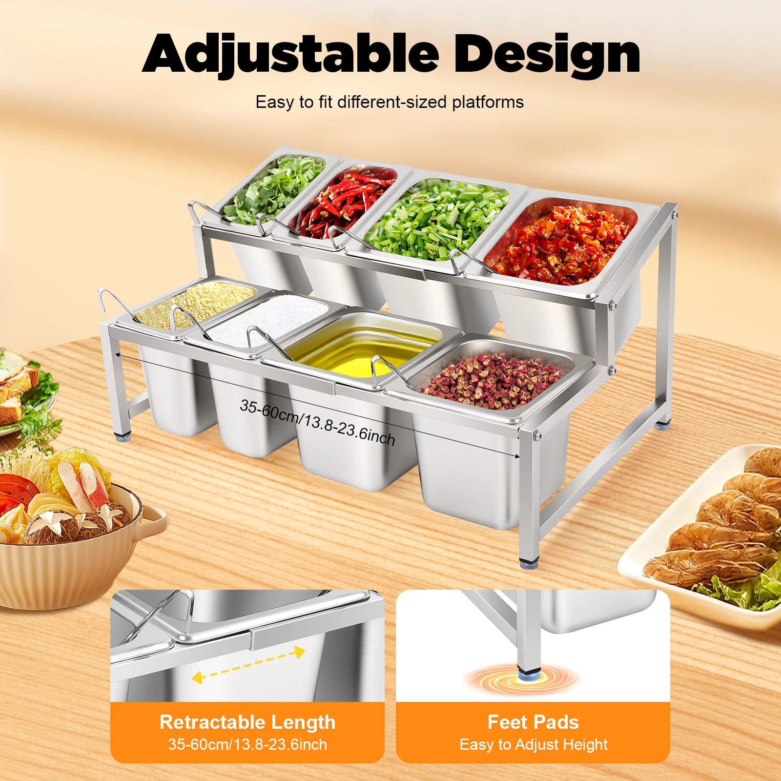 

2-Tier Expandable Stainless Steel Spice Rack, Durable 8-Pan Organizer Shelf – Space-Saving for Kitchen Spices & Condiments