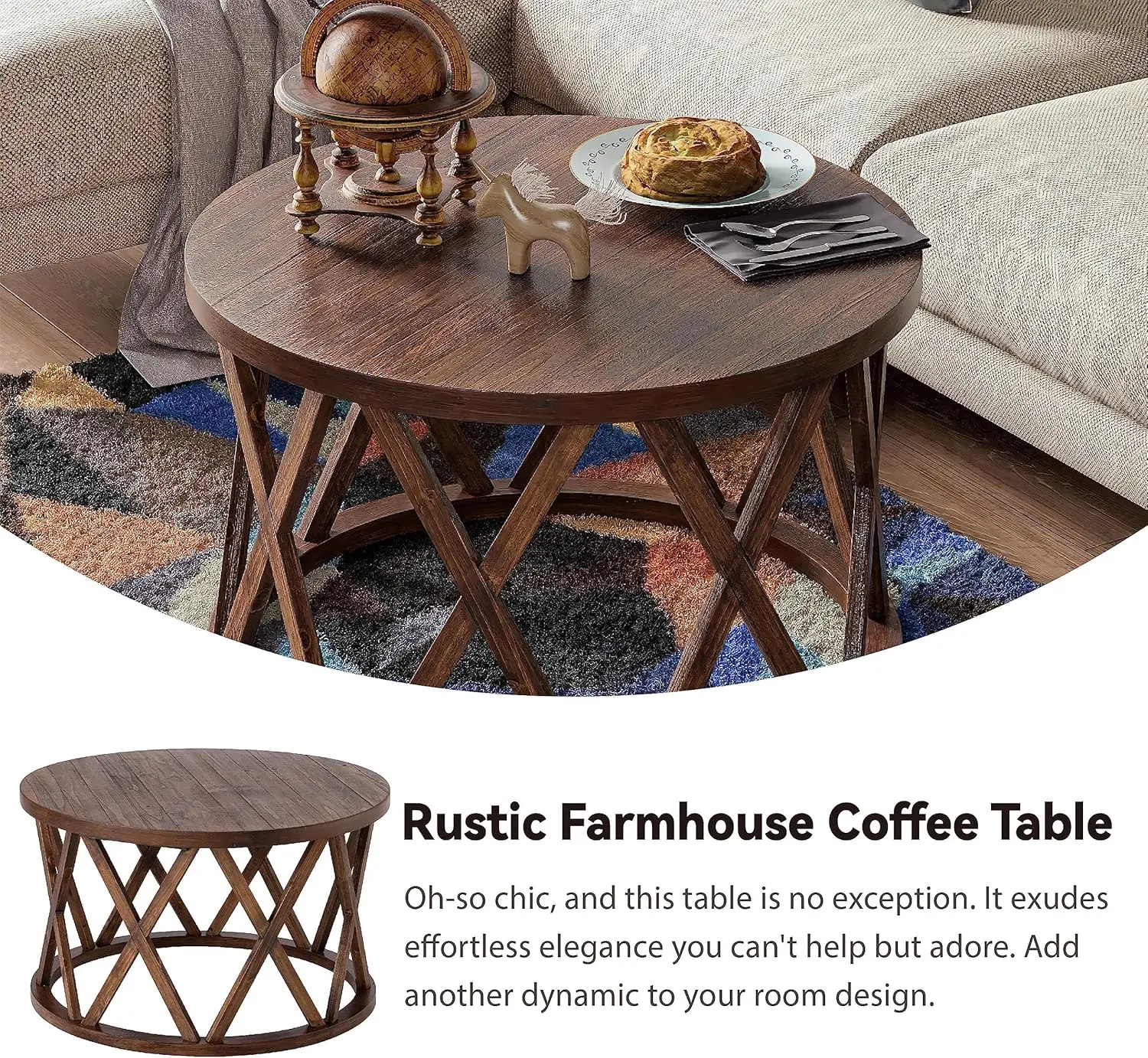 Rustic Farmhouse Coffee Table, Round Coffee Table with X-Motifs Legs, Wood Textured Top, for Boho, Country Decor, Brown