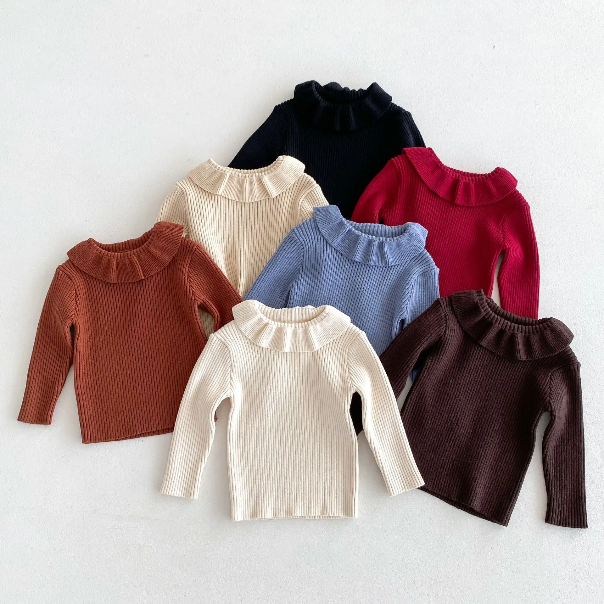 

2025 New Solid Color Bottoming Sweater for Girls 1-6Y Children's Lotus Leaf Collar Knitted Pullover Base Tops Kid's Clothes