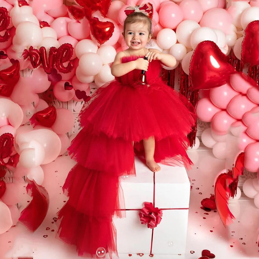 Vestido infantil vermelho de tule inchado, vestidos à direita, festa da primeira comunhão, princesa, roupa de aniversário para meninas