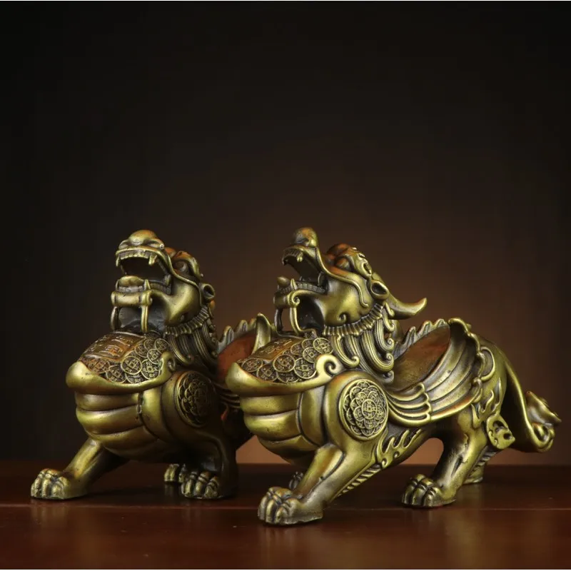 Brass , Money , and Domineering – a pair of copper Pixiu figurines for home or shop decoration, symbolizing weal