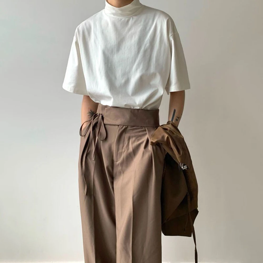 Casual Half Turtleneck Loose Short-Sleeved T-Shirt Unisex 2025 Summer New Style Fashion High-End Trend Solid Color Y2k Tops Men