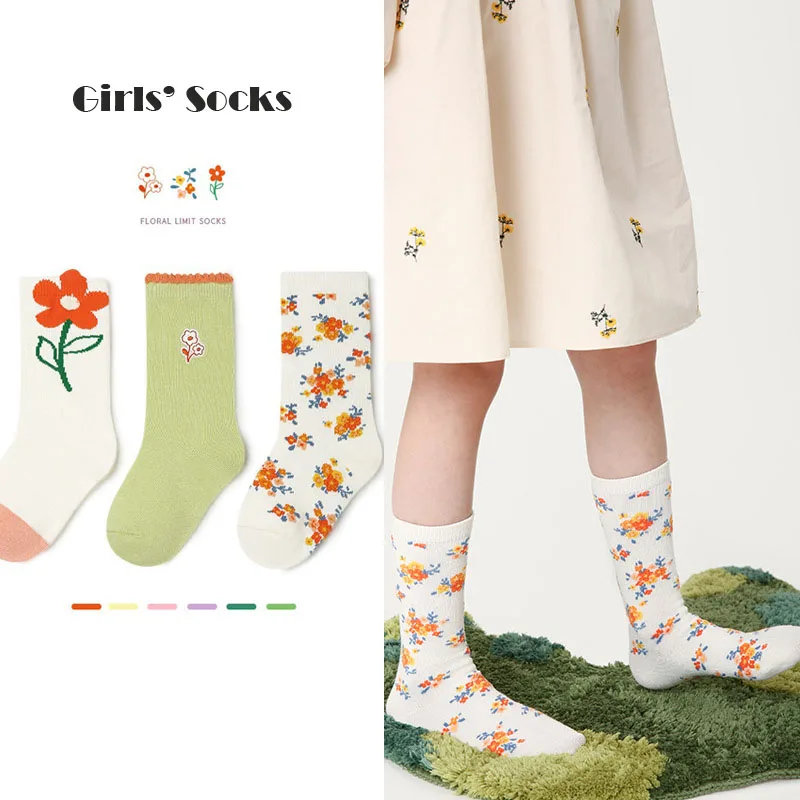 

3 Pairs Girls Socks Kids Big Flowers Pattern Cotton Socks 1-12Y Little Big Baby Infant Socks Spring