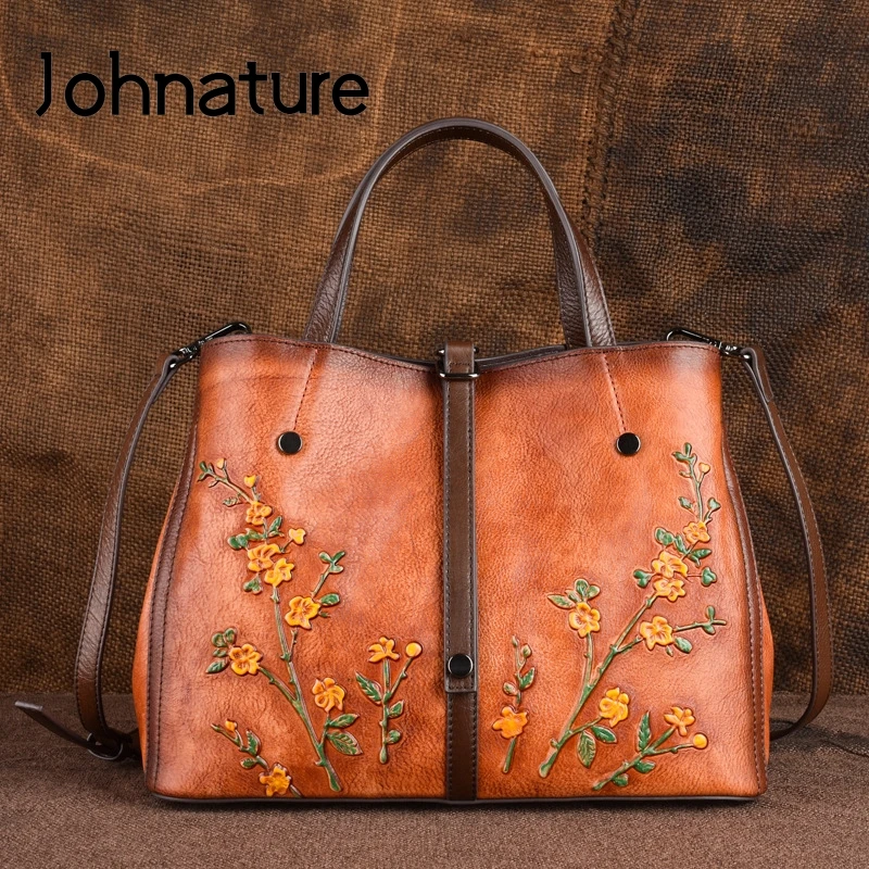 Johnature Genuine Leather Retro Embossed Women Handbags&Crossbody Bags 2024 New Large Capacity Cowhide Fashion Floral Totes