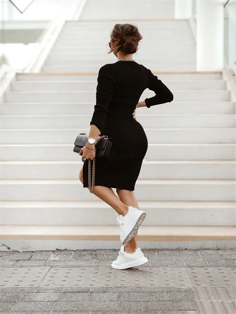 Elegant Party Dresses For Women 2023 Autumn Fashion Solid Long Sleeve Button Slit Dress Vintage O Neck Knitted Slim Dress