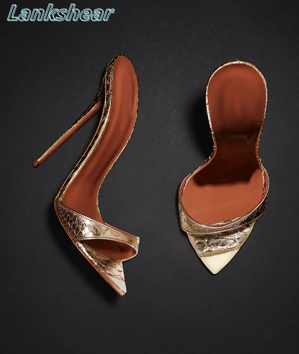 

Женские тапочки Gold Snake Parrten с острым открытым носком на тонком высоком каблуке, женские пикантные туфли на шпильке, роскошные новые поступления 2023 года