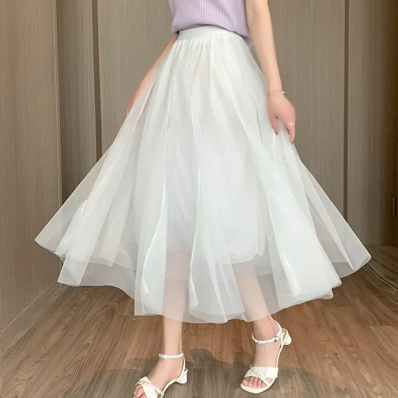 

Mesh Skirts for Women All-match Elegant Summer Mid-calf Young Korean Style High Waist Soft Simple Chic Solid 2024 New Popular