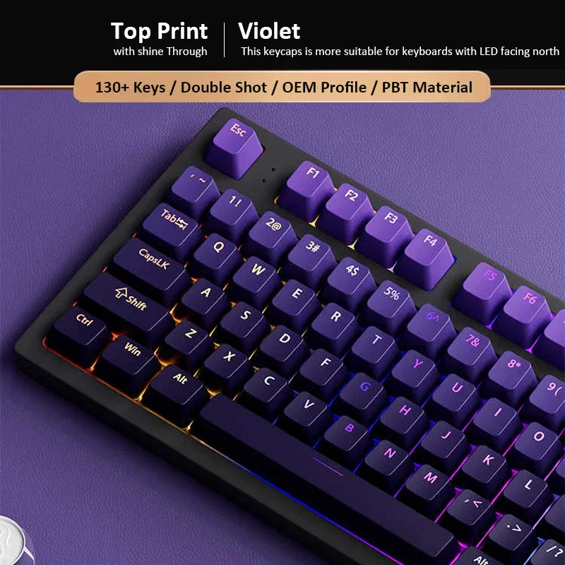 

Custom Gradient Violet OEM Profile Top-lit Shine Through Keycap Double Shot PBT Keycaps 130 Keys for MX Switches Gaming Keyboard