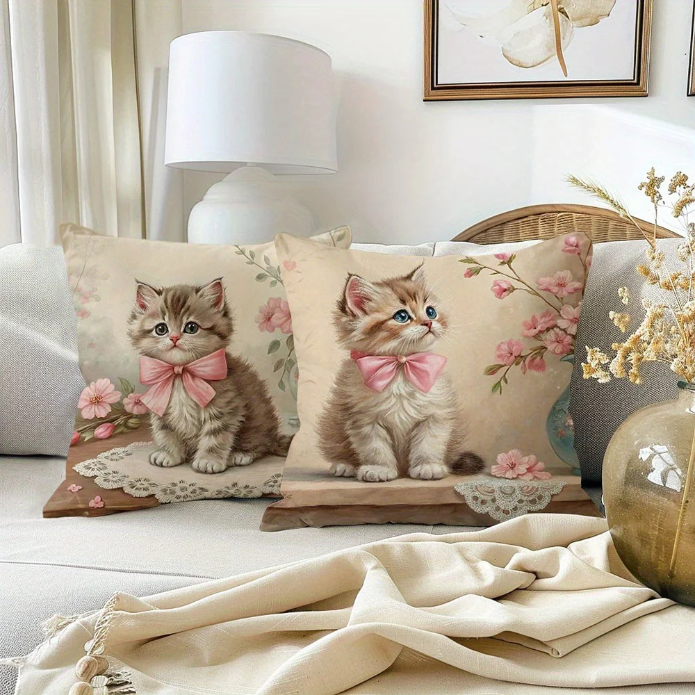 Adorable Kitten-Printed Pillowcases with Pink Bows and Floral Patterns Sofa cushion cover home room decoration 2D flat printing