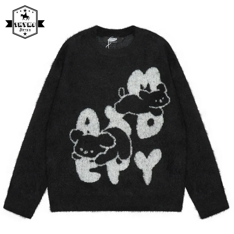 

Harajuku Dog Knitted Sweater Men Streetwear Knitted Funny Cartoon Jumper Women Y2K Loose Fluffy Fuzzy Pullover Sweaters Unisex